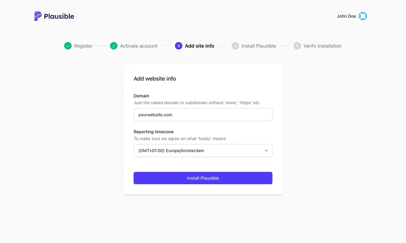 Add your website details to Plausible Analytics